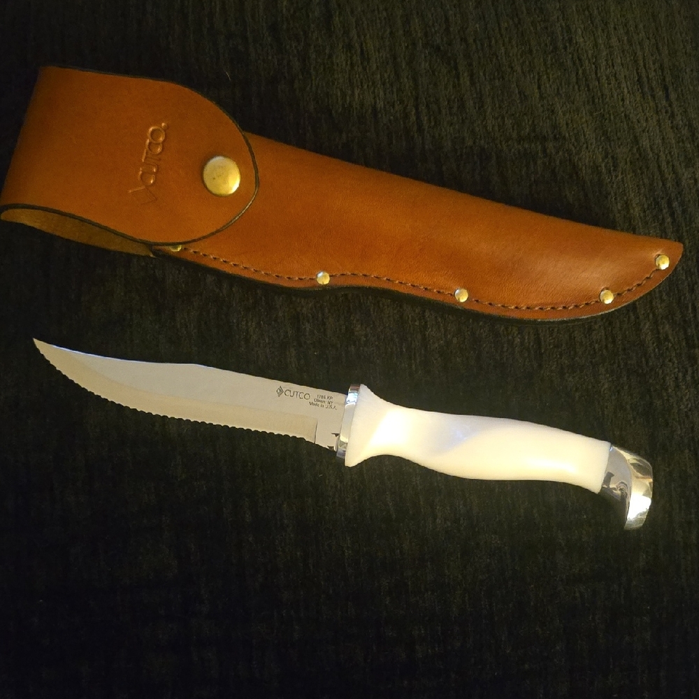 Cutco White Serrated Knife with Brown Sheath